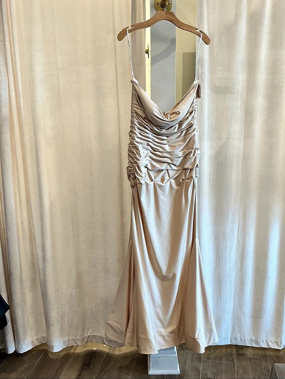 Ruched Cowl Neck Maxi Dress in Beige Like New